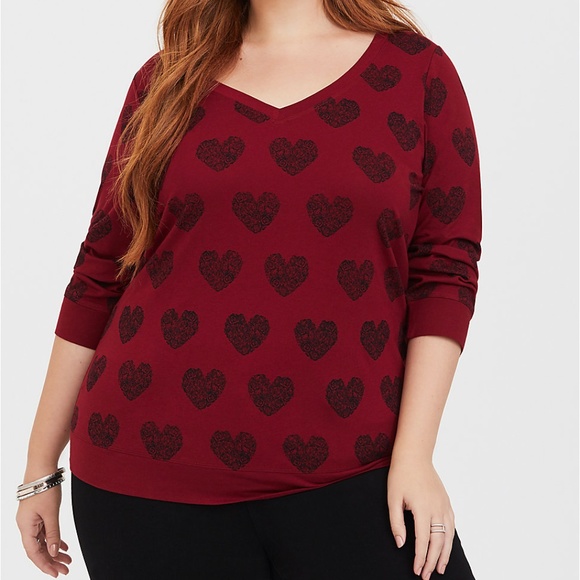 TORRID RED HEART LONG SLEEVE V-NECK TEE 3 - Picture 1 of 8